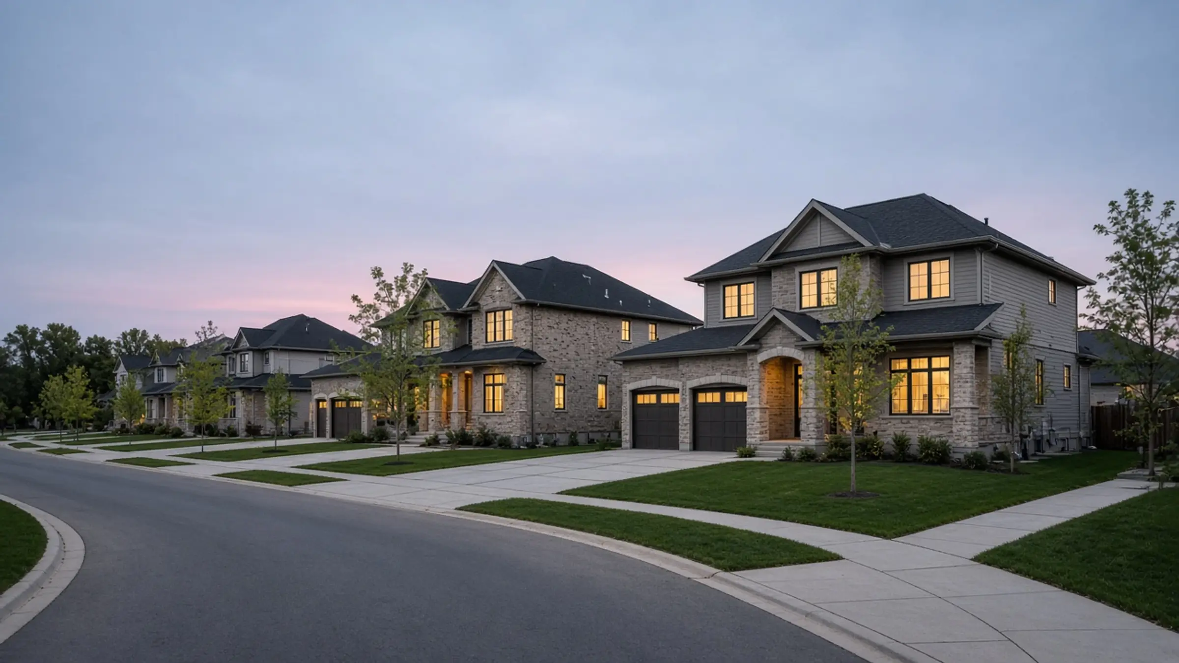 A generated view of a detached-home community street, with several detached houses on their own lots. This is not a photograph of 6071 Fourth Line and not a Sundial Homes rendering.
